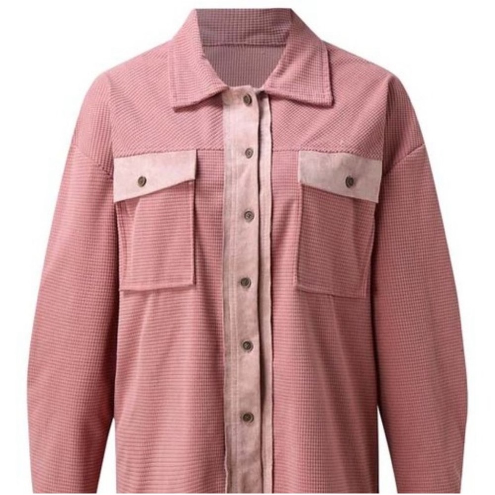 Red waffle-knit button up